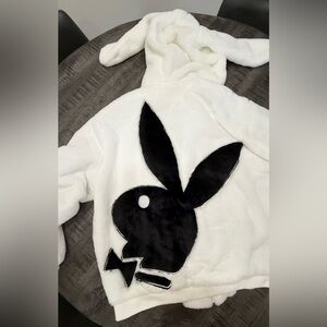 PLAYBOY White Zip-Up Sweater with Black Bunny Applique/LIMITED EDITION
